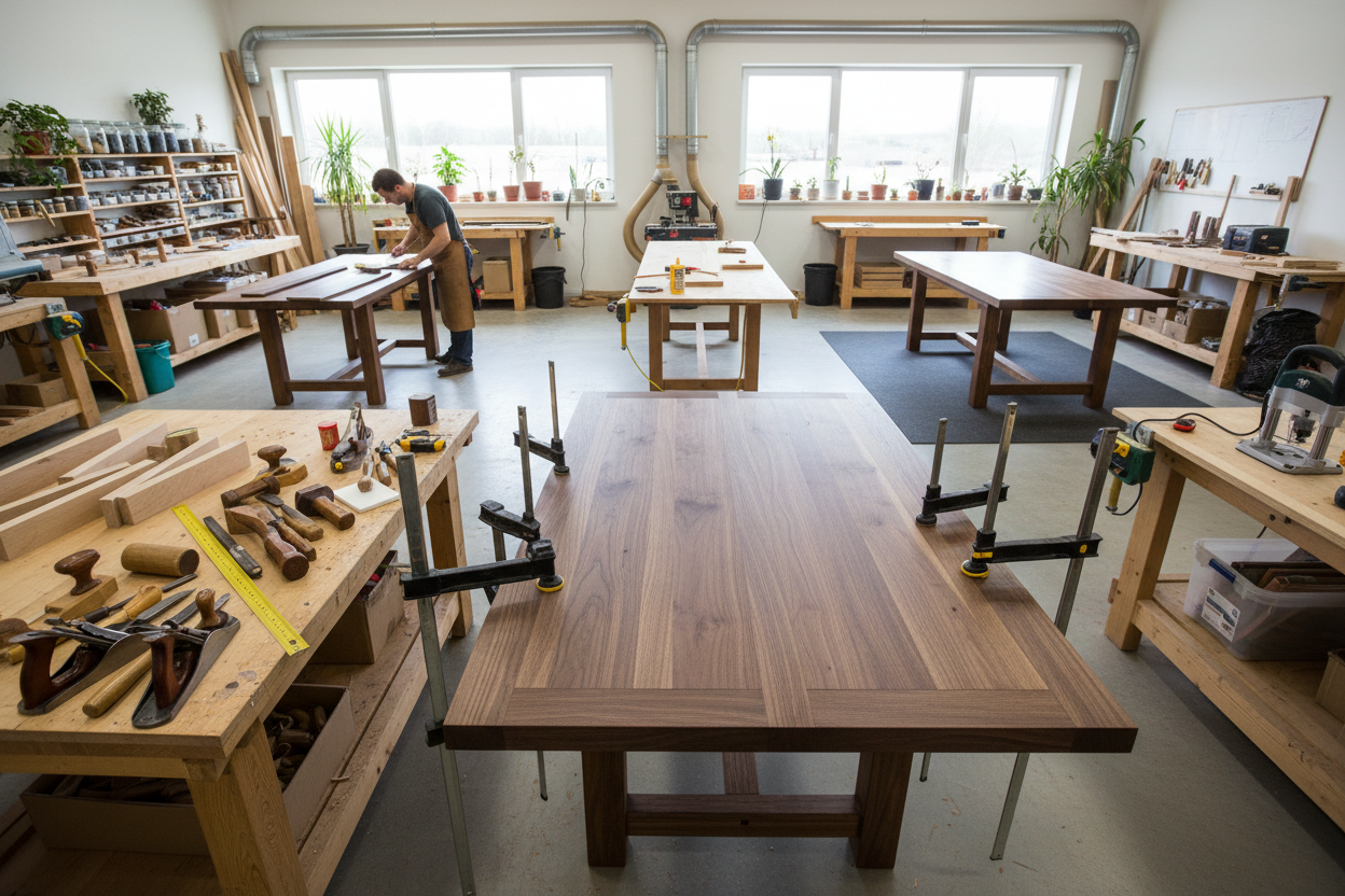 Wooden table cutting and assembly process in a workshop