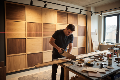 Craftsman cutting and assembling decorative wooden wall panels in a professional setting