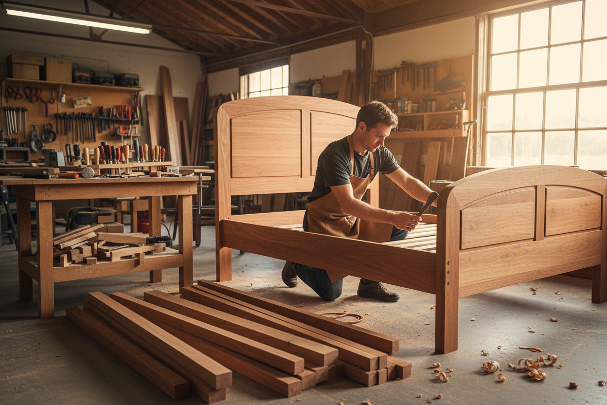 Craftsman cutting and assembling a solid wooden bed frame in a professional workshop