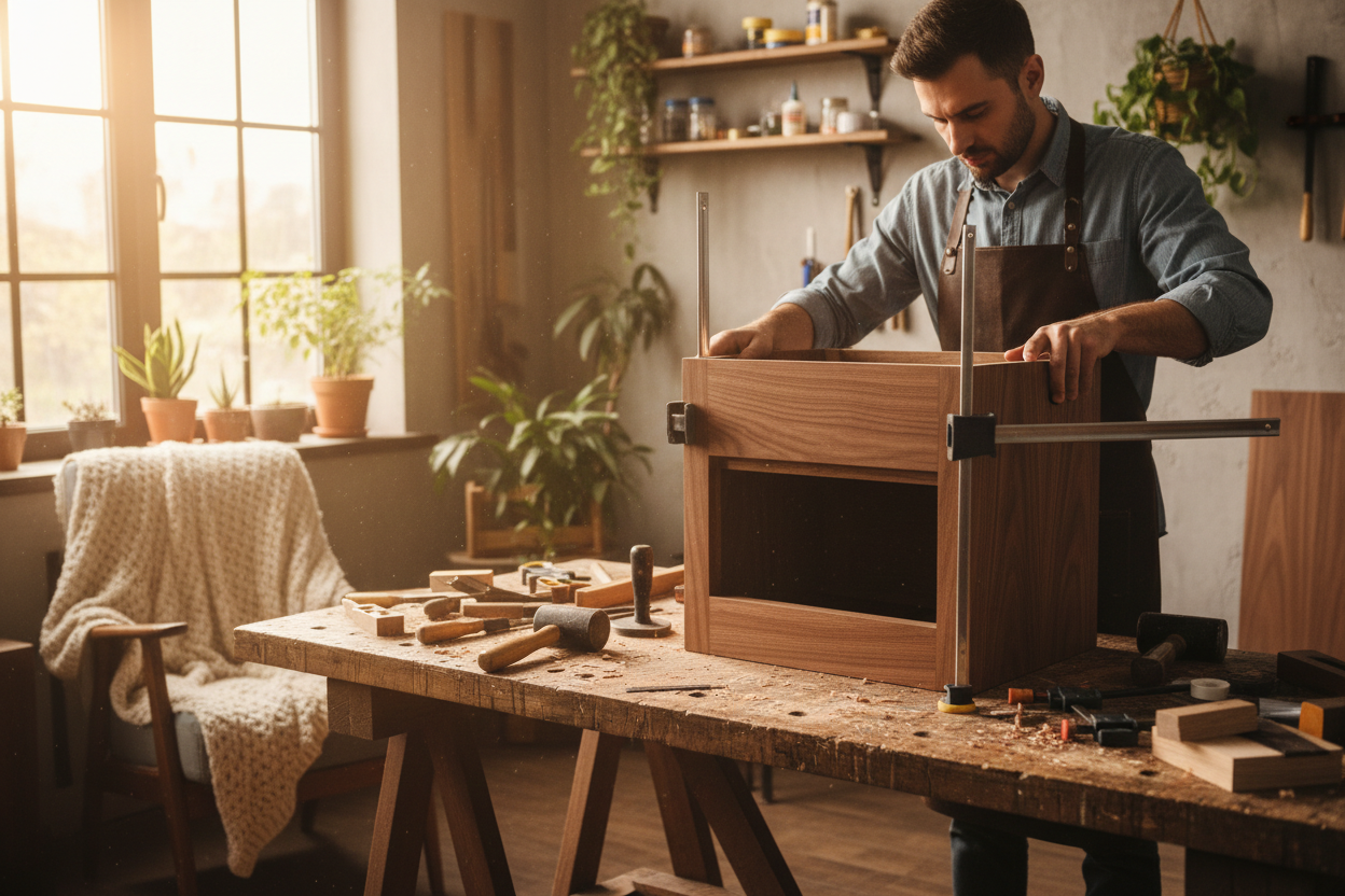 Craftsman cutting and assembling a wooden nightstand in a professional workshop
