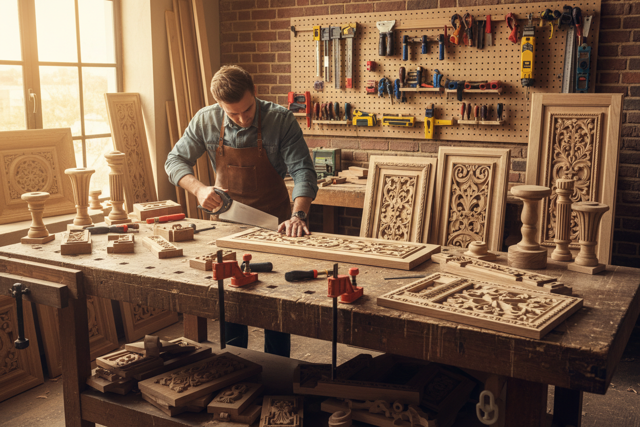 Craftsman cutting and assembling precision milled wooden facades in a professional workshop