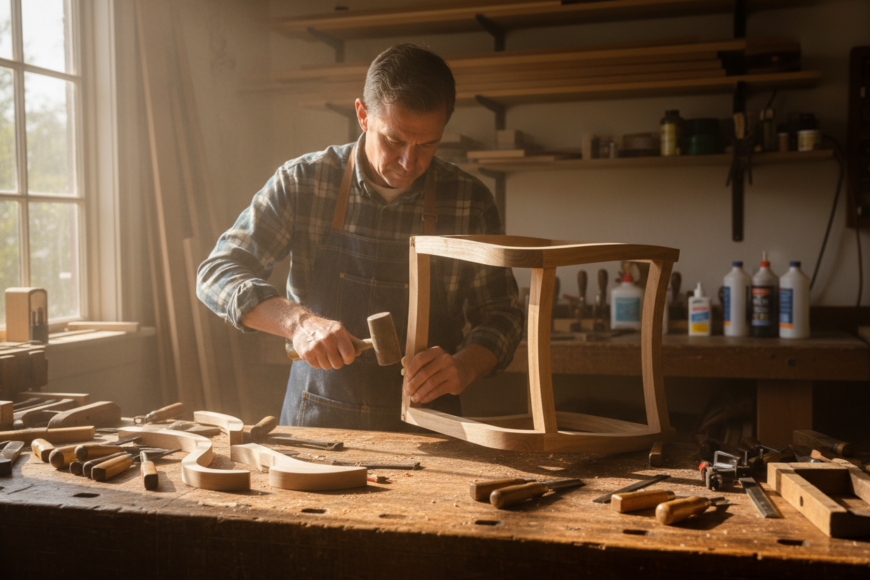 Craftsman cutting and assembling a wooden chair in a professional workshop