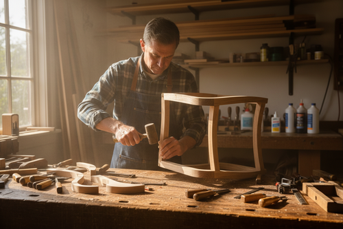 Craftsman cutting and assembling a wooden chair in a professional workshop